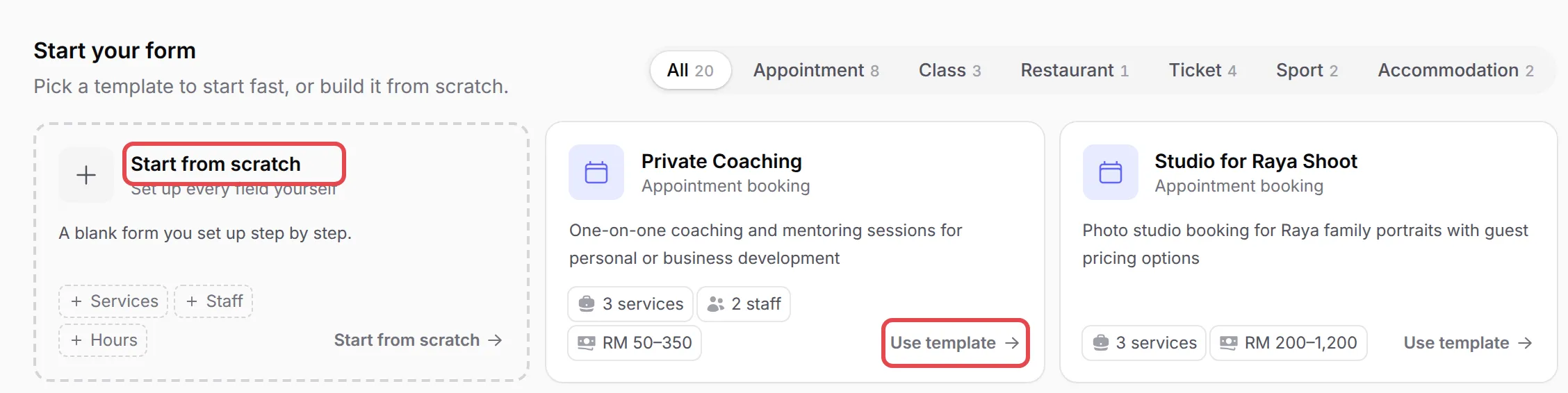 The Start your form page with Start from scratch and Use template highlighted
