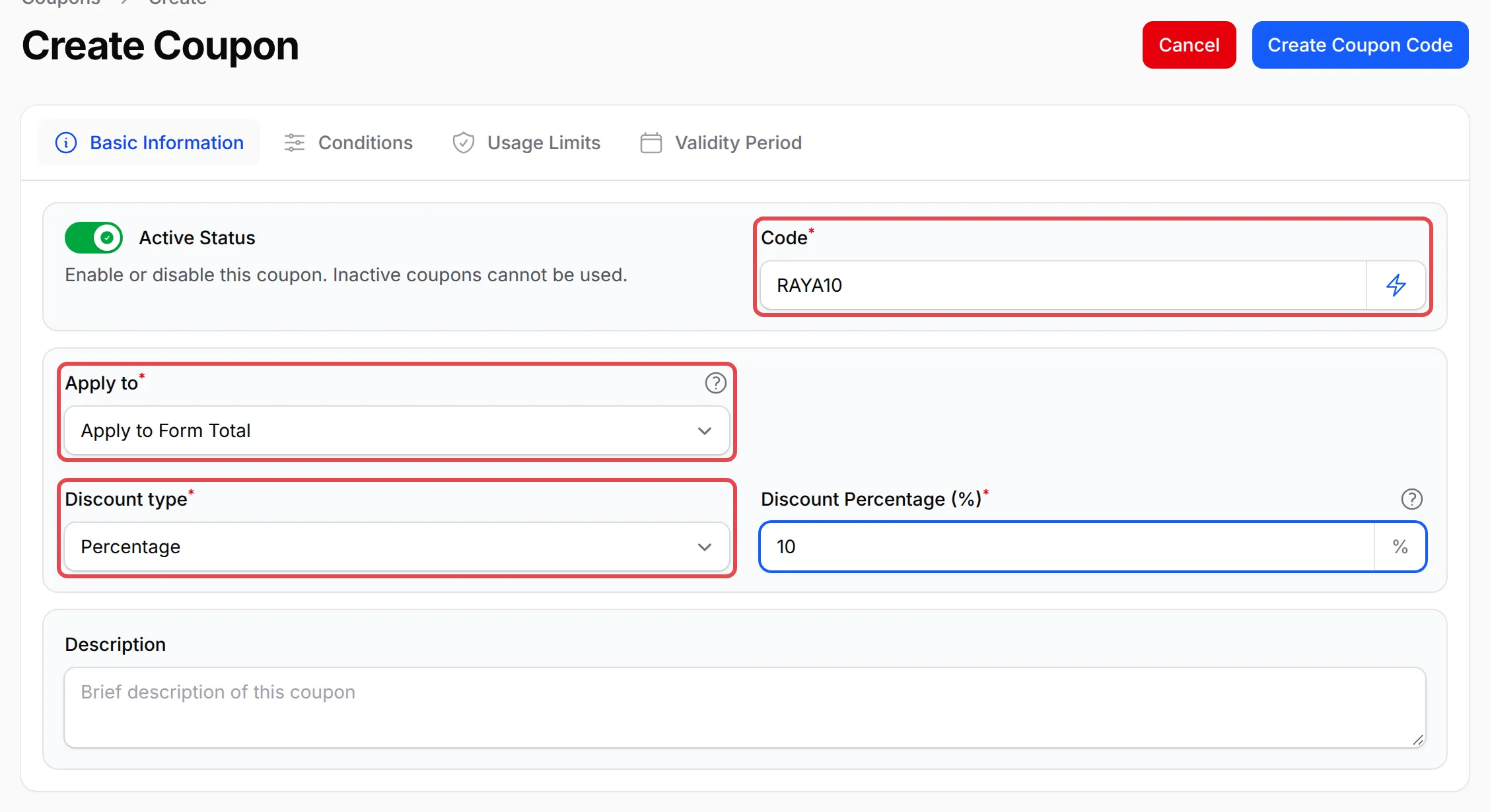The Basic Information tab with Code, Apply to and Discount type highlighted