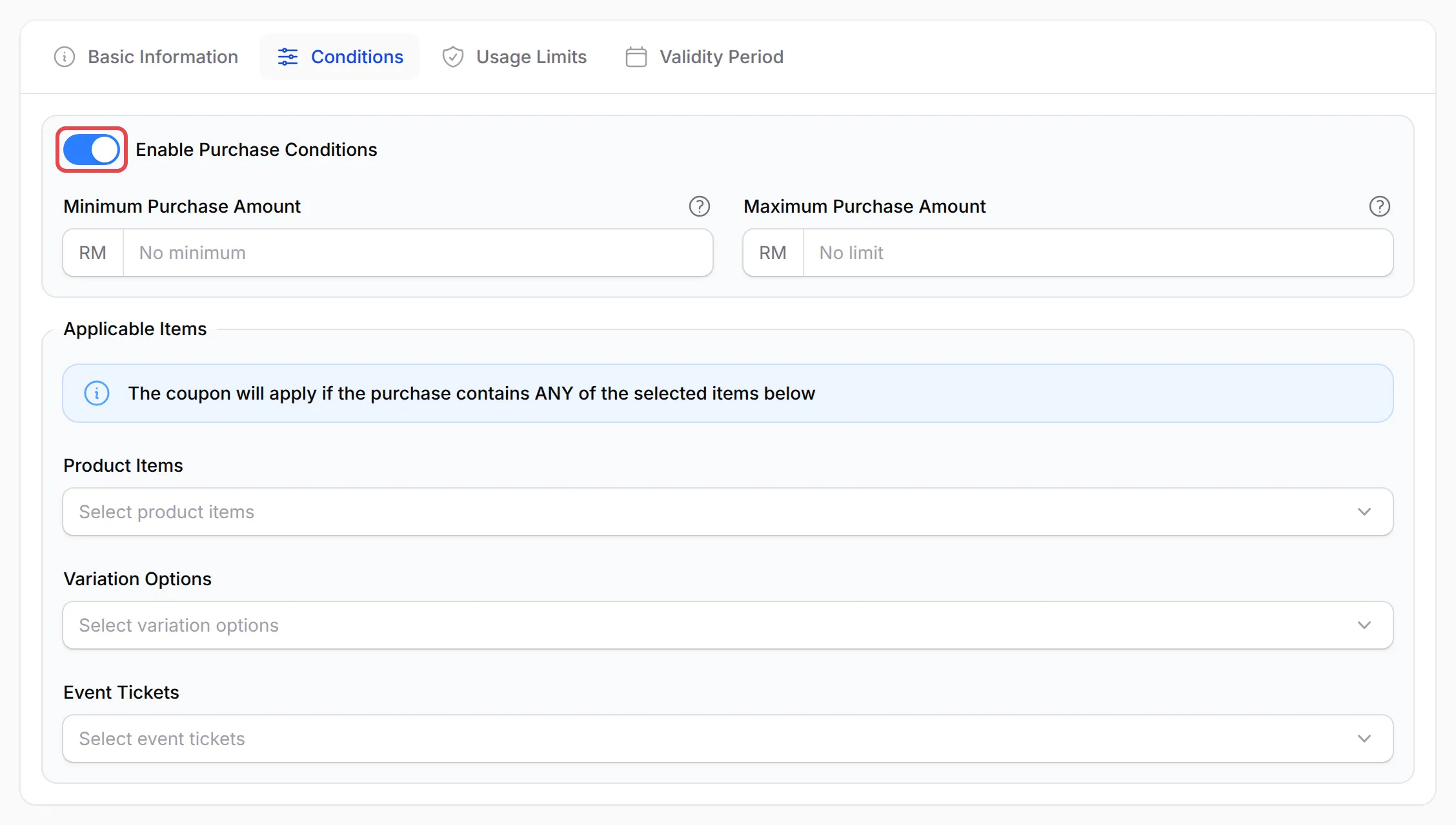 The Conditions tab with Enable Purchase Conditions on, showing the purchase amounts and the Applicable Items lists