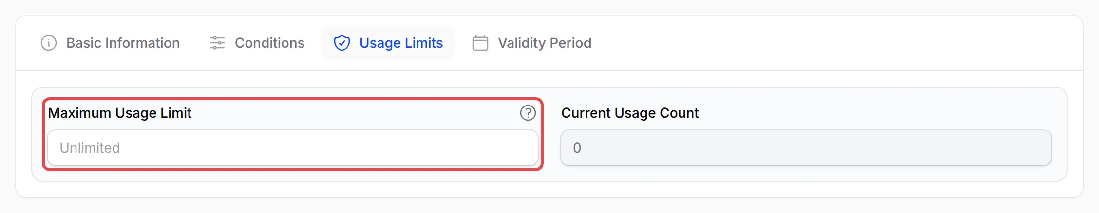 The Usage Limits tab with Maximum Usage Limit highlighted