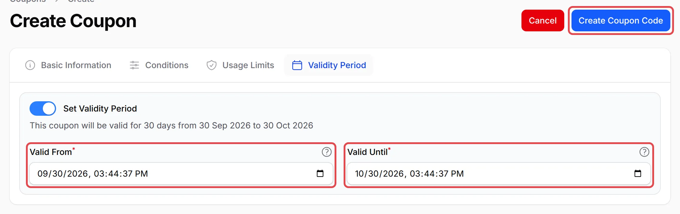 The Validity Period tab with Valid From and Valid Until highlighted, and the Create Coupon Code button