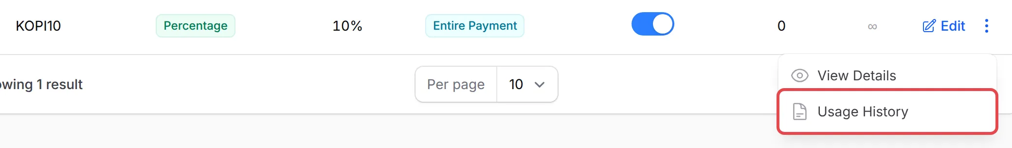 The ⋮ menu of the KOPI10 coupon with Usage History highlighted