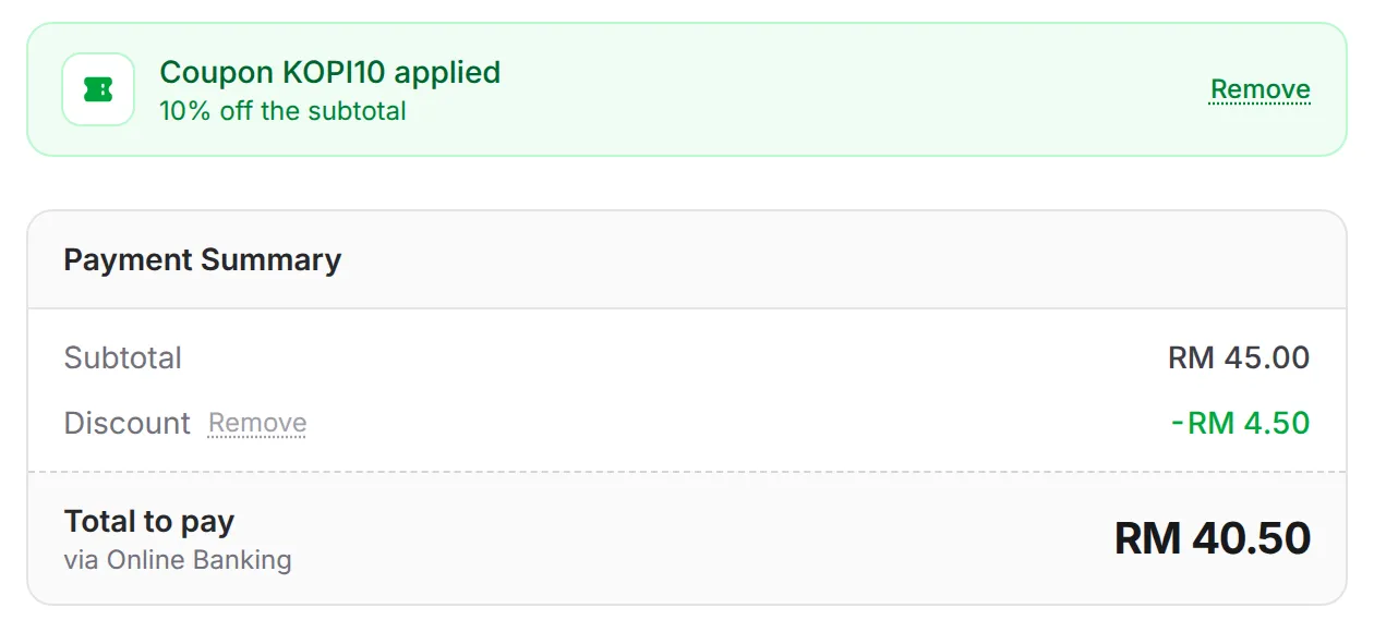 The coupon box saying Coupon KOPI10 applied, 10% off the subtotal, and the Payment Summary with a Discount of RM 4.50
