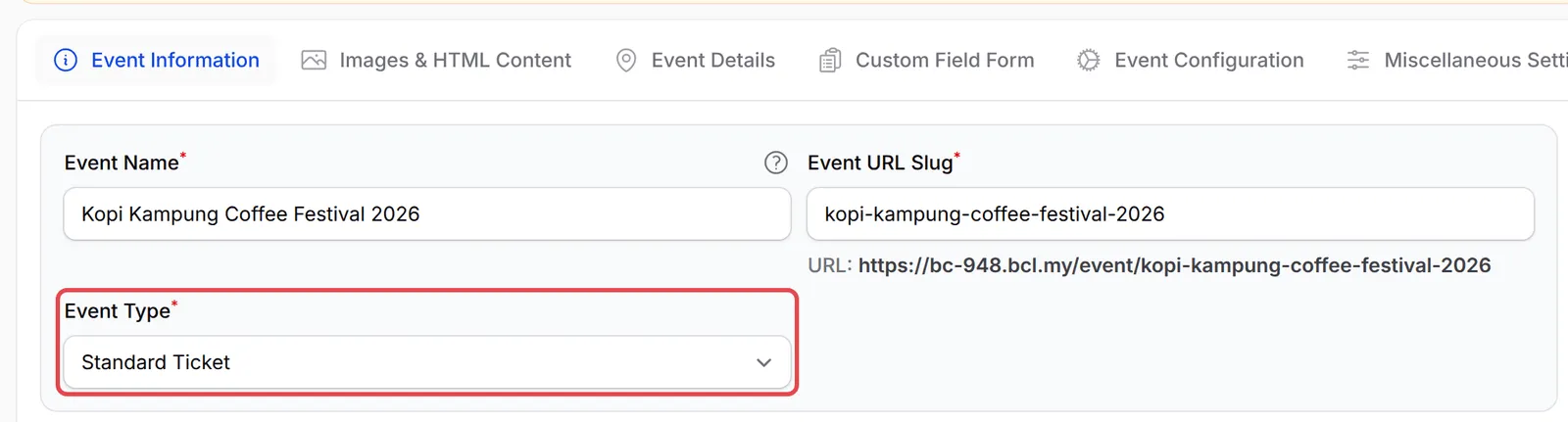 The Event Information tab with the Event Type field highlighted