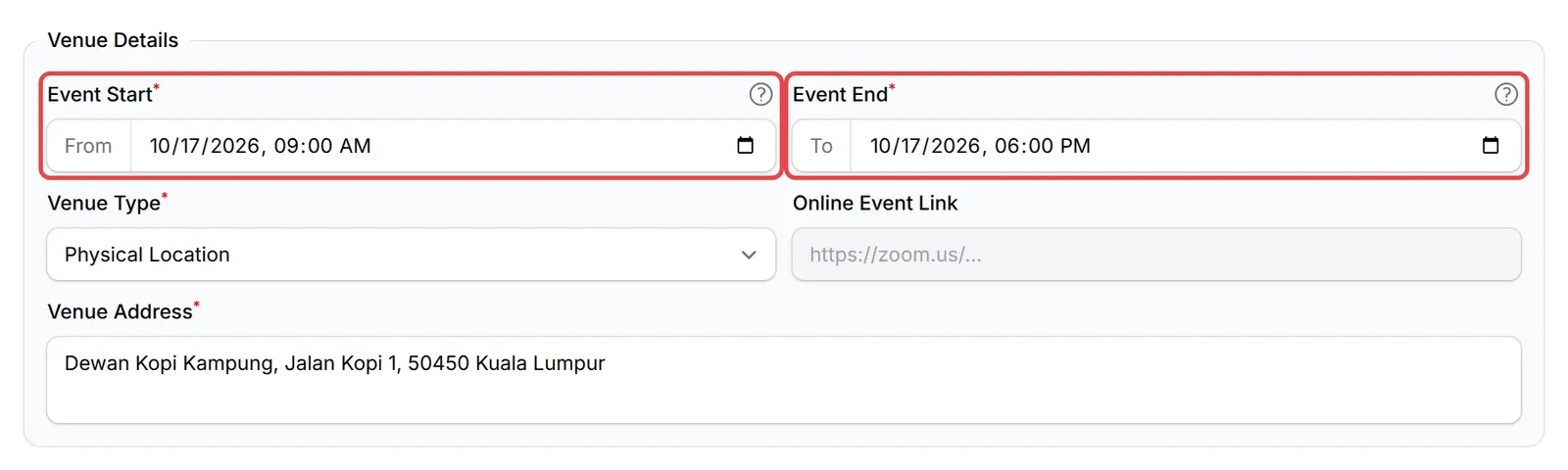 The Venue Details section with Event Start and Event End highlighted