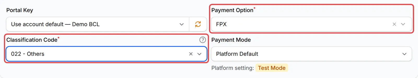 The Payment Option and Classification Code fields highlighted
