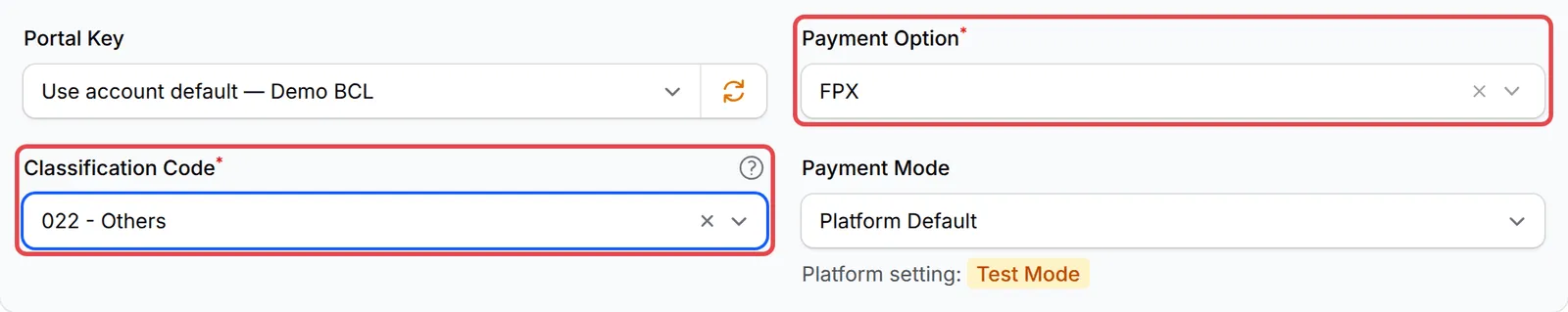 Payment Option和Classification Code栏位已标示