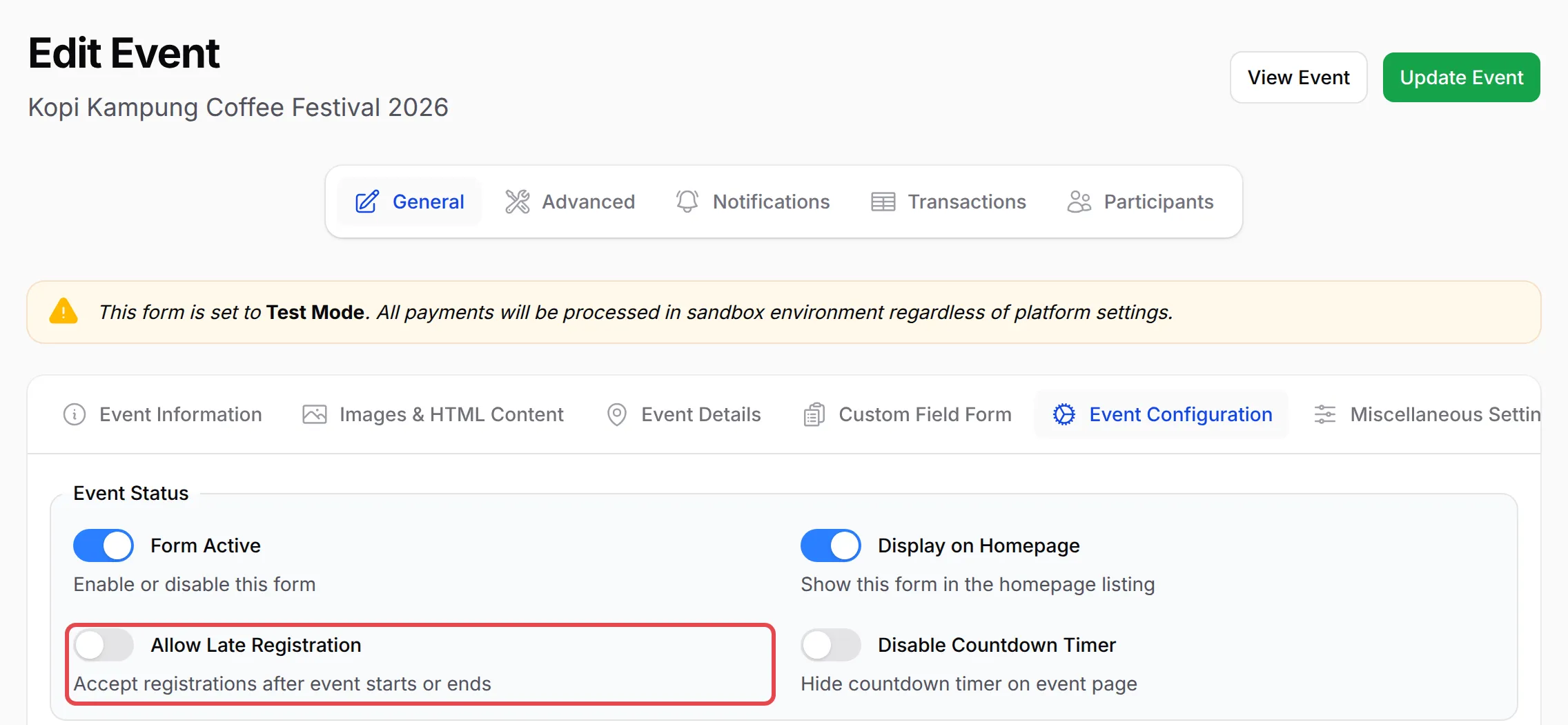 The Event Configuration tab of the Edit Event page, with the Allow Late Registration toggle highlighted