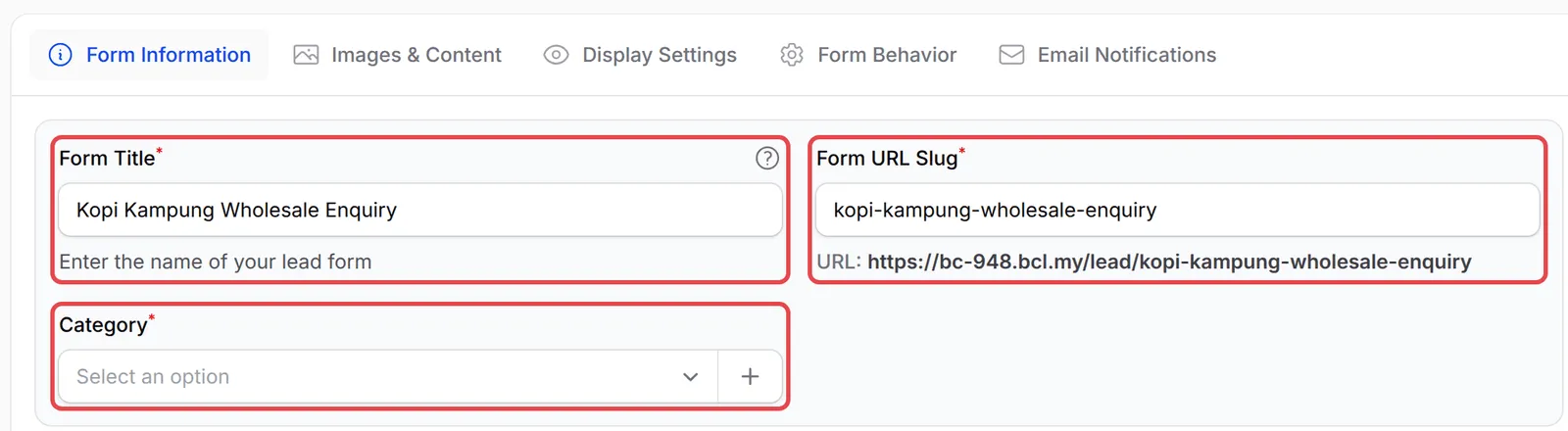 Form Title、Form URL Slug和Category栏位已标示
