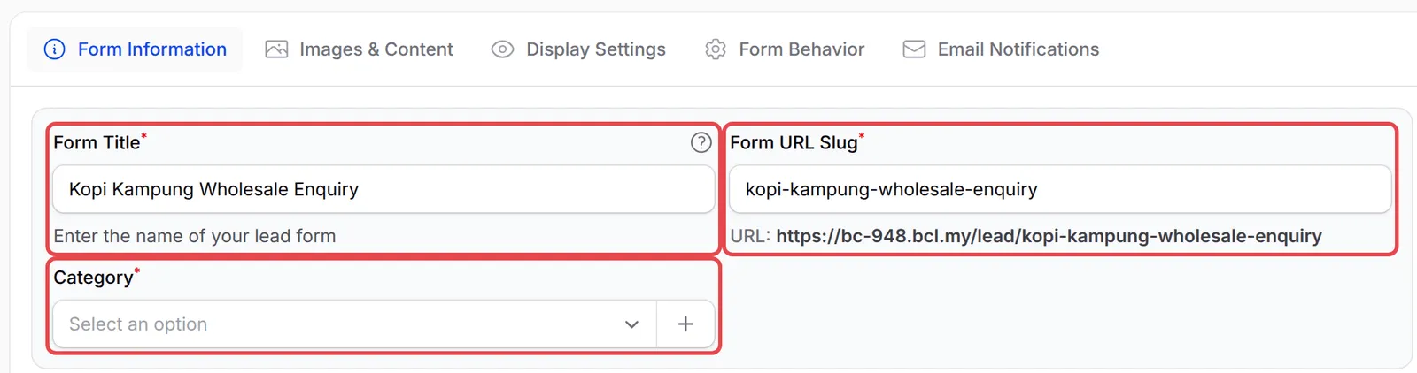 The Form Title, Form URL Slug and Category fields highlighted
