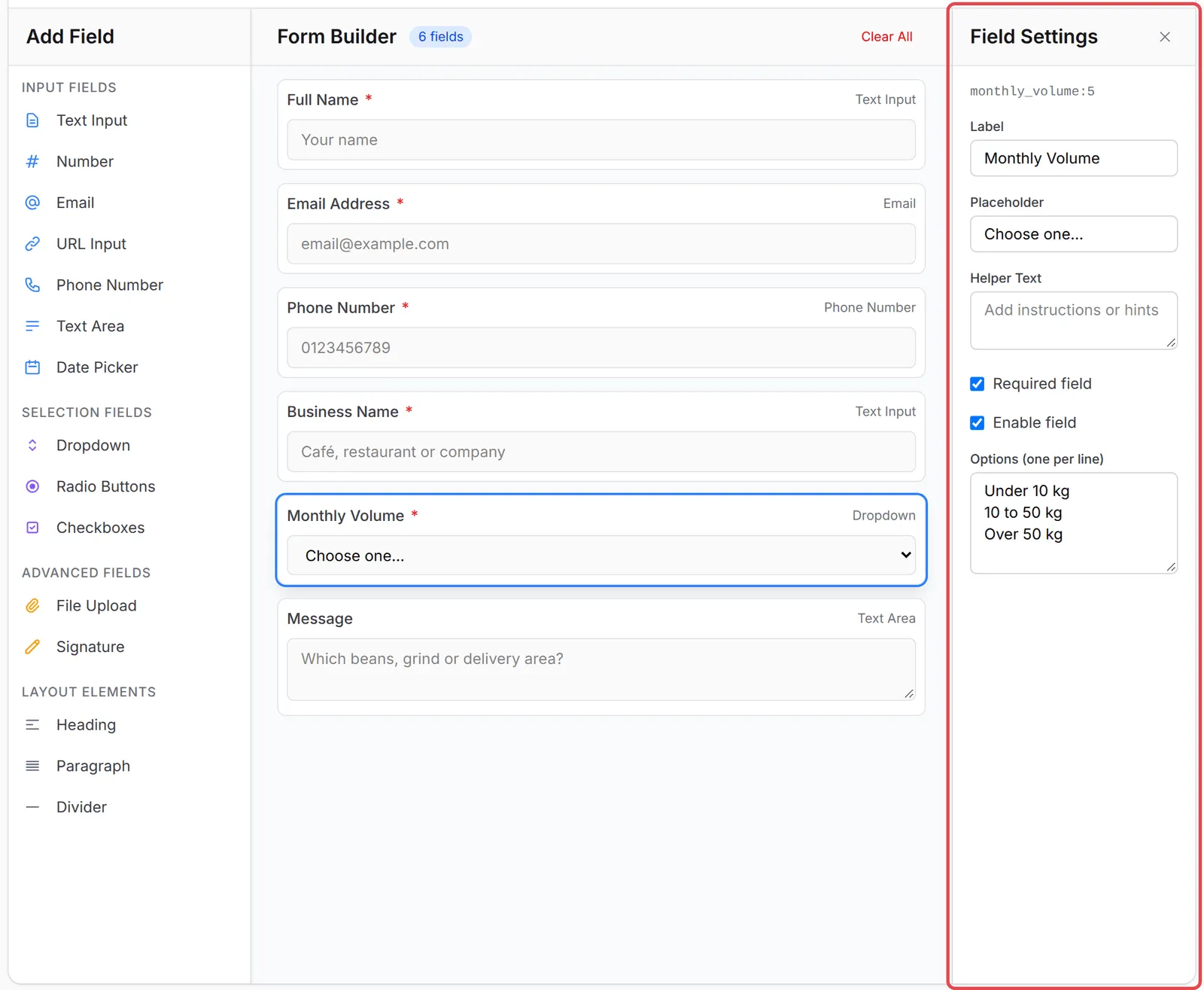 The Form Builder with the Monthly Volume dropdown selected and its Field Settings panel highlighted