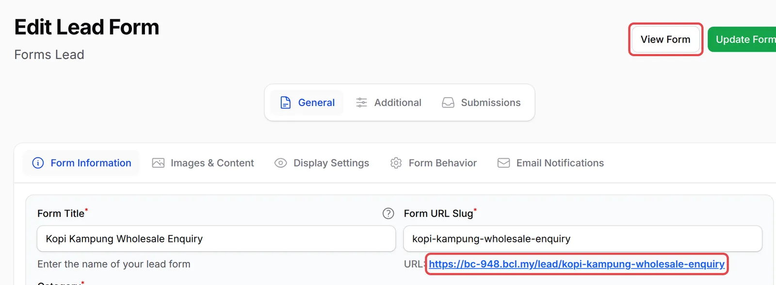 The form’s link and the View Form button highlighted