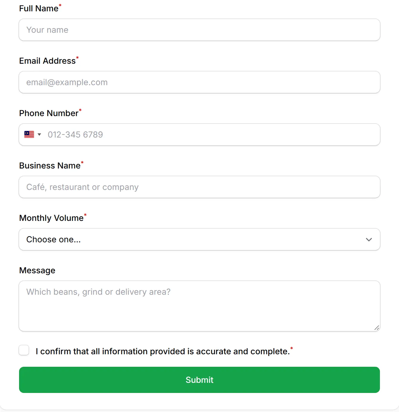 The Kopi Kampung Wholesale Enquiry form as a visitor sees it