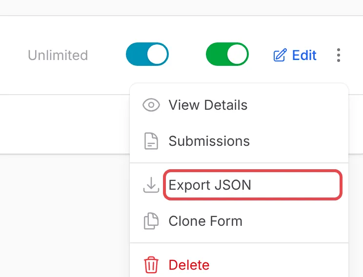 Lead表单的行菜单，Export JSON已标示