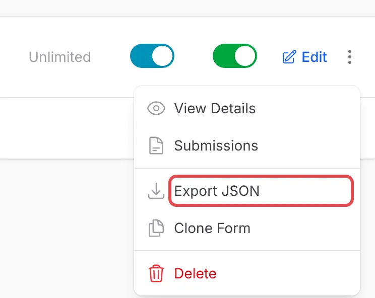 The row menu of a lead form with Export JSON highlighted