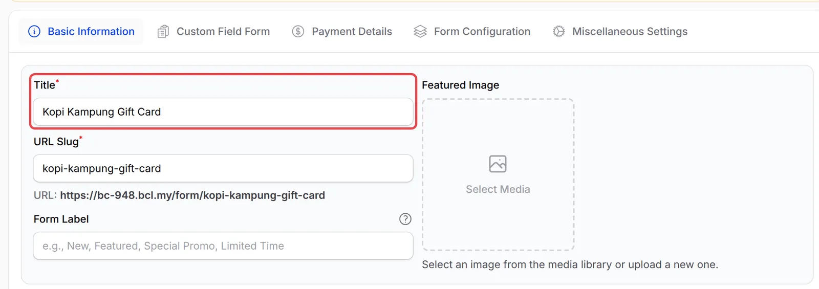 Tab Basic Information dengan ruangan Title ditanda, dan URL Slug diisi berdasarkan tajuk itu