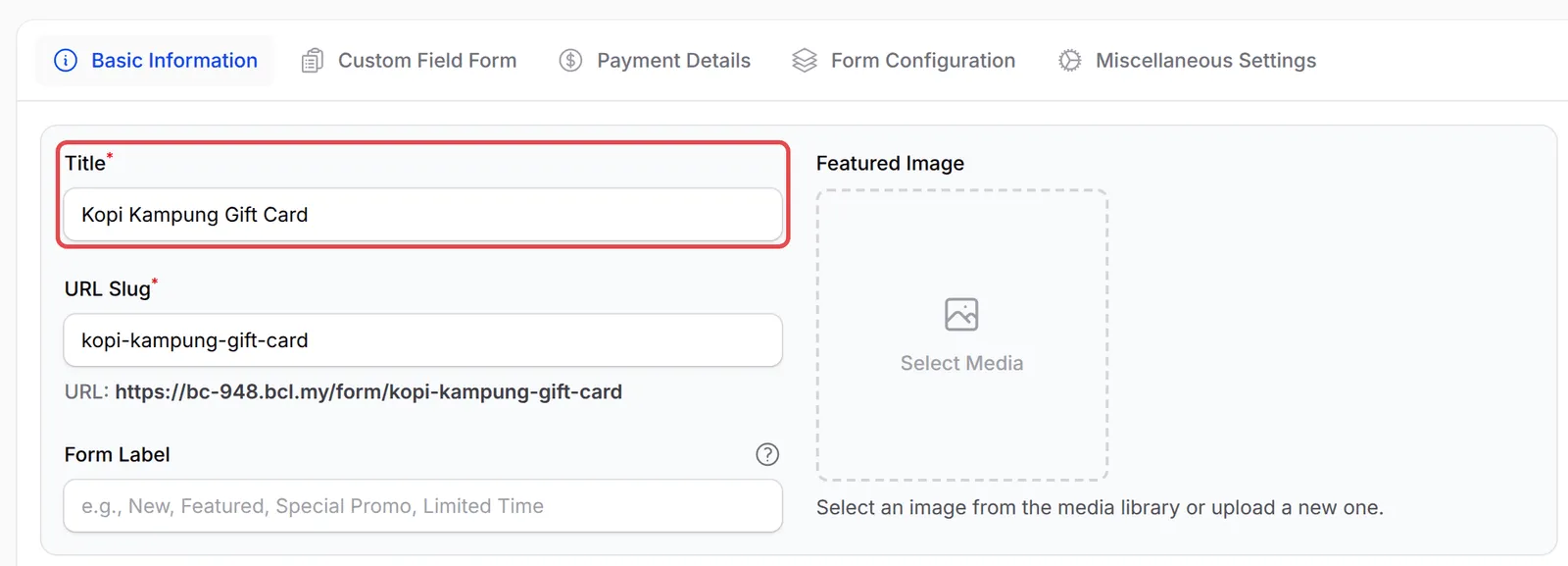The Basic Information tab with the Title field highlighted, and the URL Slug filled in from it