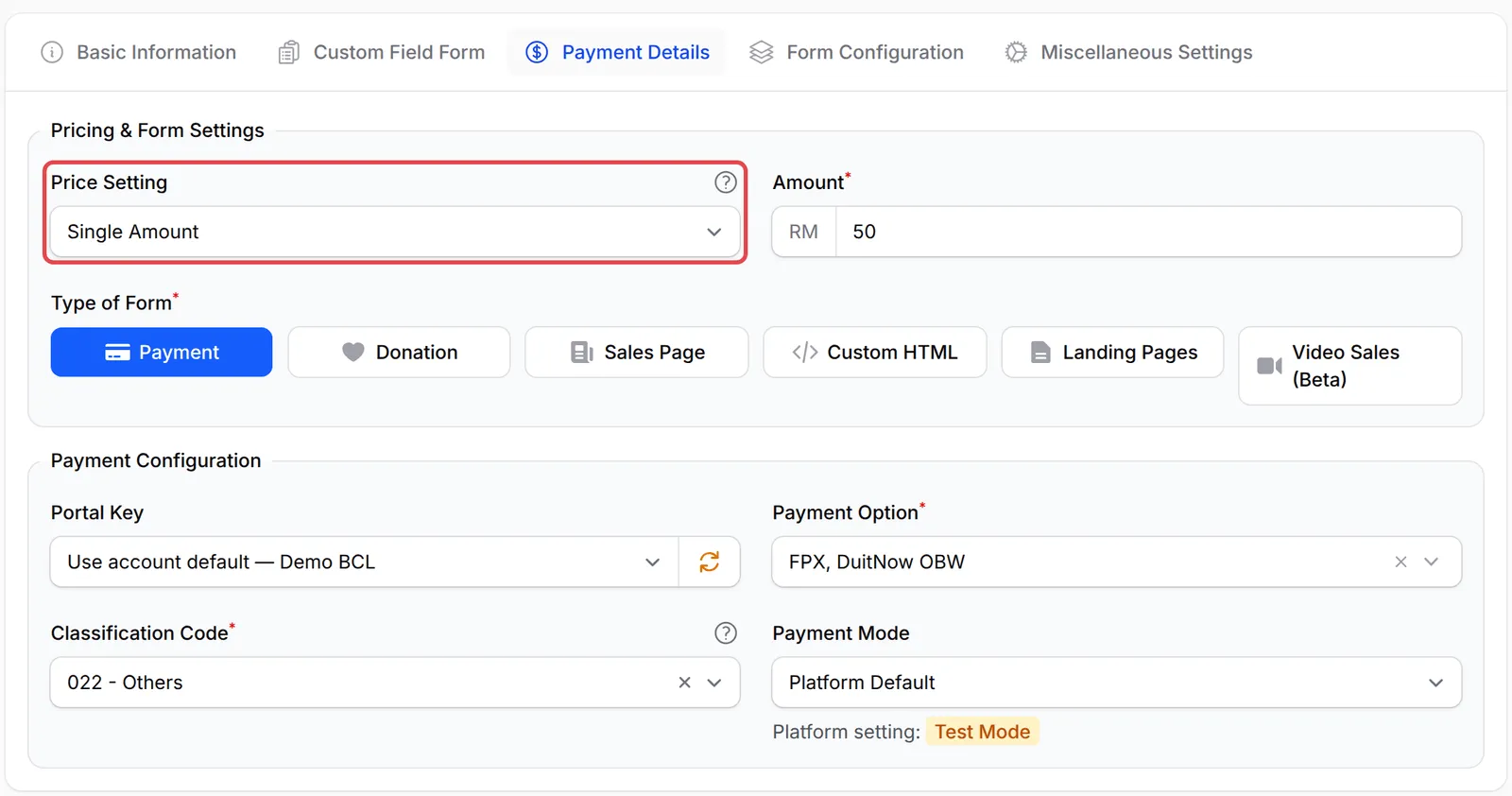 The Payment Details tab with Price Setting highlighted, set to Single Amount with an amount of RM 50