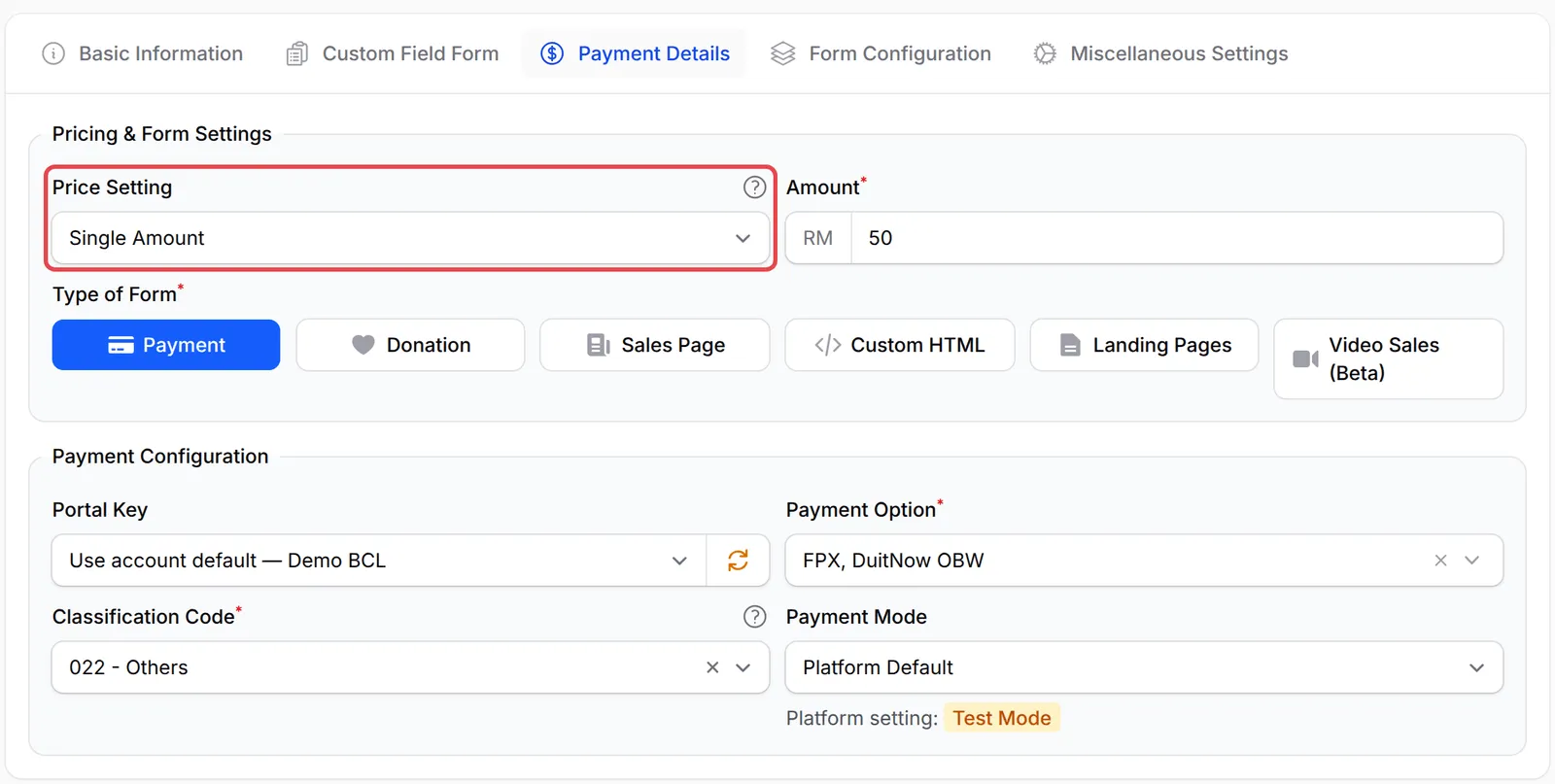 Tab Payment Details dengan Price Setting ditanda, ditetapkan kepada Single Amount dengan jumlah RM 50