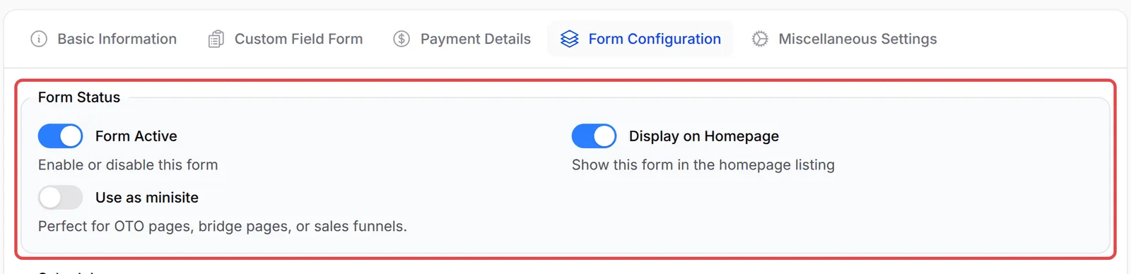 Tab Form Configuration dengan suis Form Status ditanda