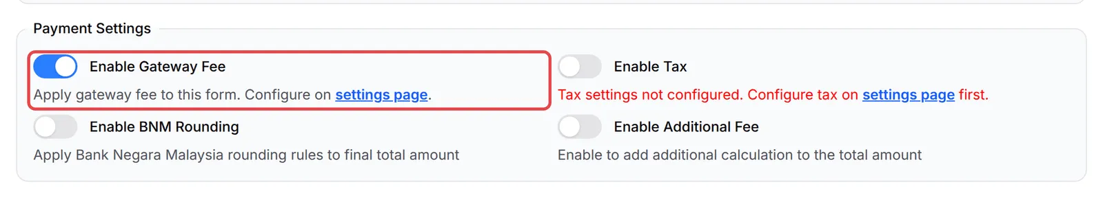 Bahagian Payment Settings dengan suis Enable Gateway Fee ditanda