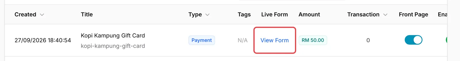 Senarai payment form dengan View Form ditanda dalam lajur Live Form