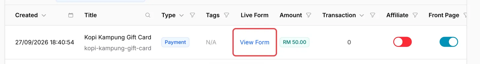 The forms list with View Form highlighted in the Live Form column