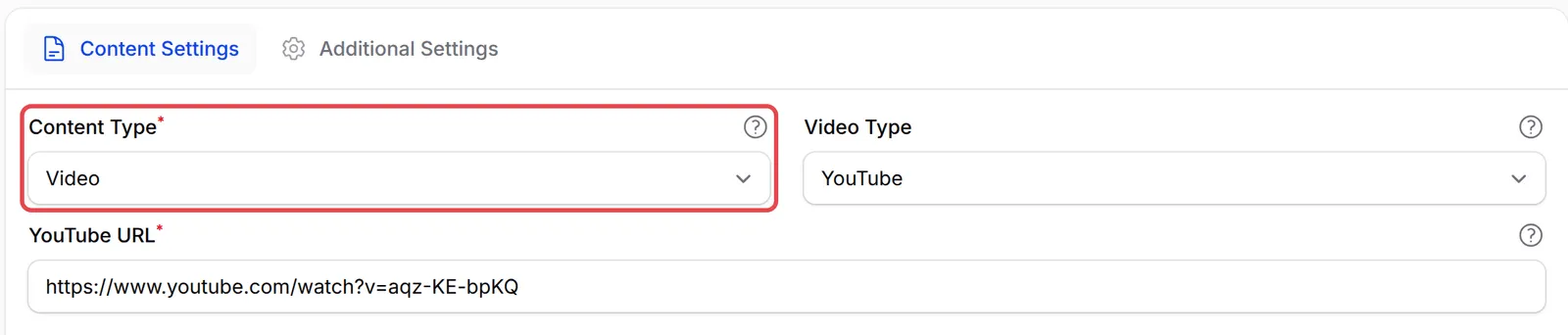 Content Settings标签页,Content Type设为Video