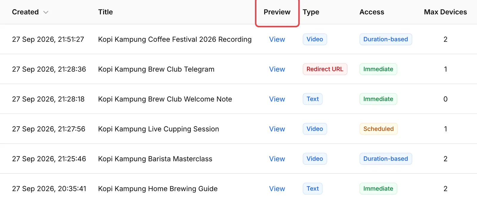 The Protected Contents list with the Preview column highlighted