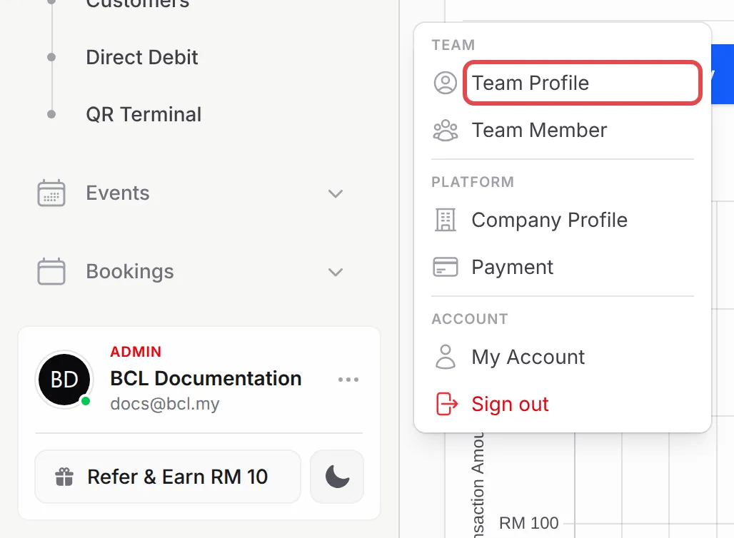 Account Menu dibuka di atas kad akaun, dengan Team Profile ditanda