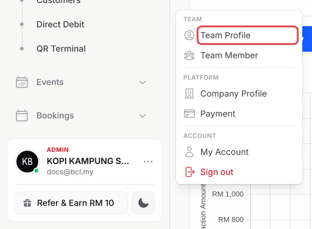 账号卡片上方打开的Account Menu，Team Profile已标示