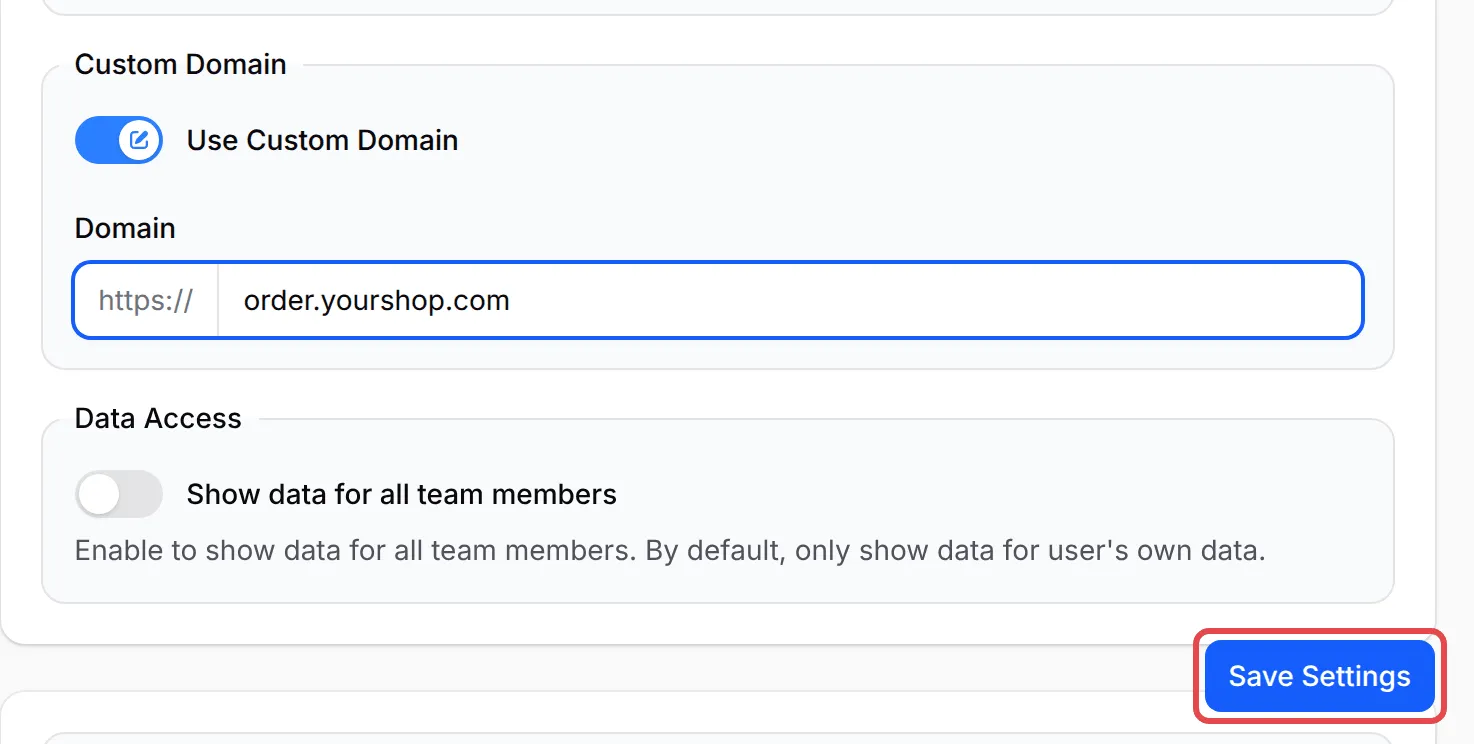 Custom Domain部分，Save Settings按钮已标示