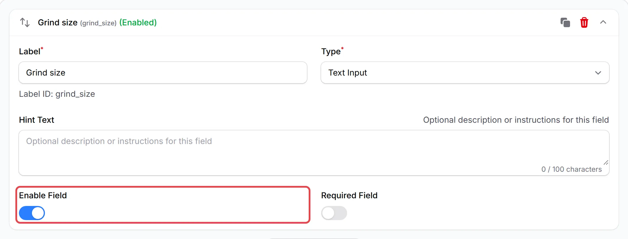 An open custom field with the Enable Field switch highlighted
