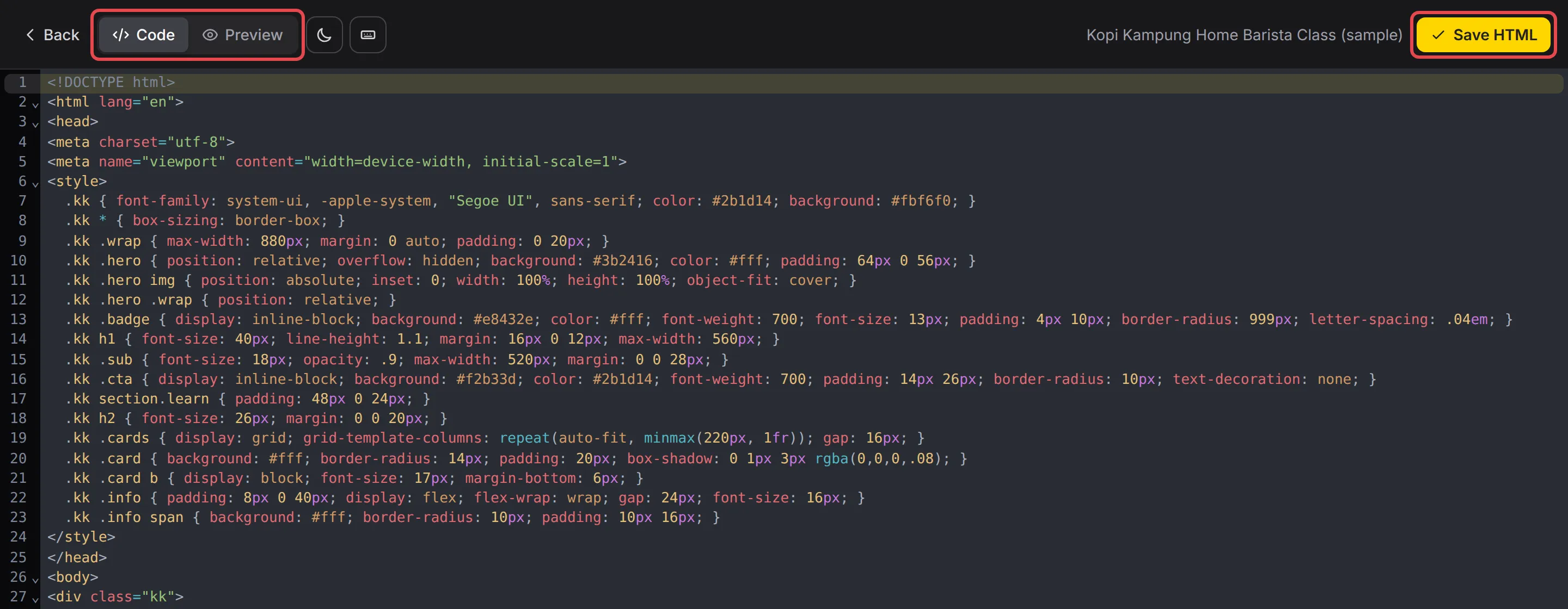 The HTML editor with the Code and Preview tabs and the Save HTML button highlighted