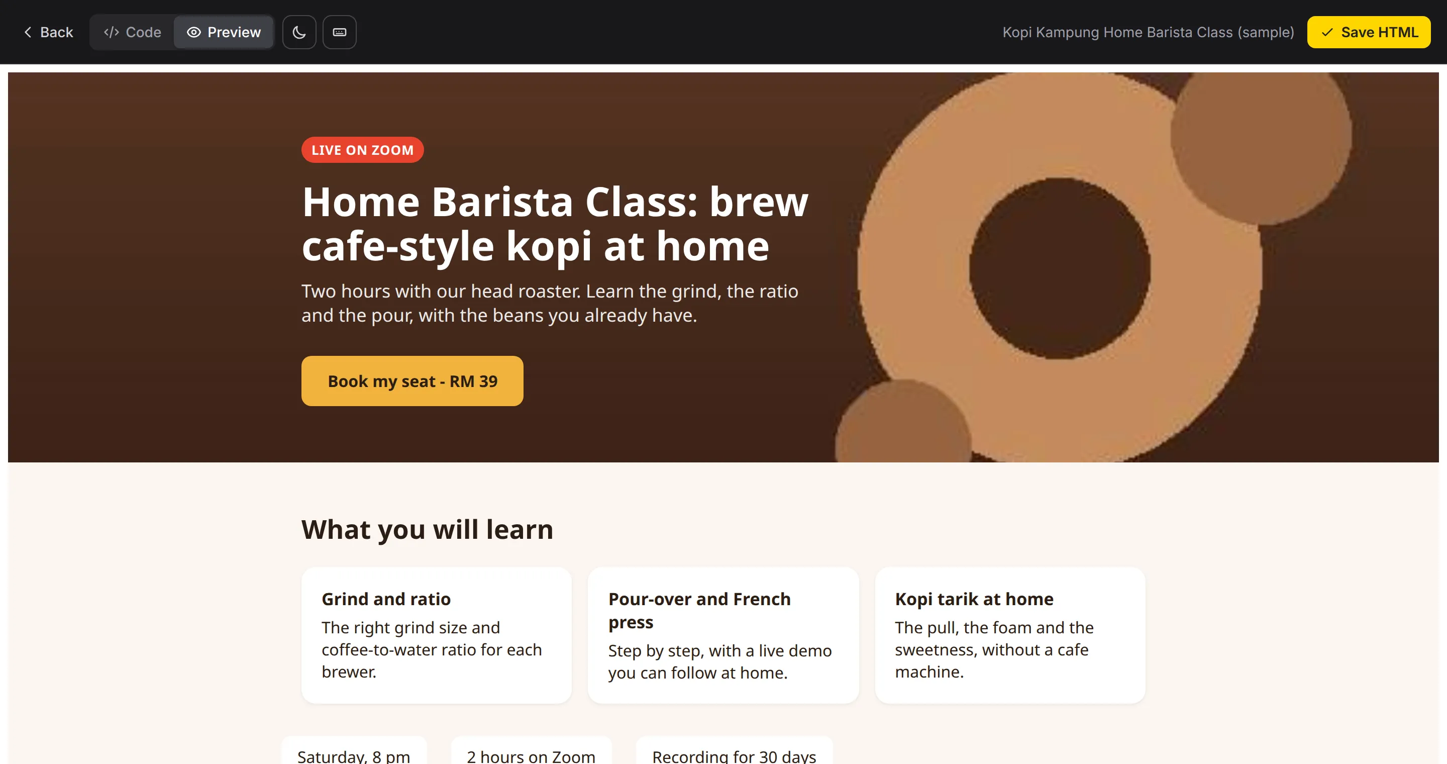 The Preview tab of the HTML editor, with the sample class page