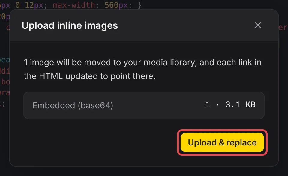 The Upload inline images window with 1 embedded image and the Upload & replace button highlighted