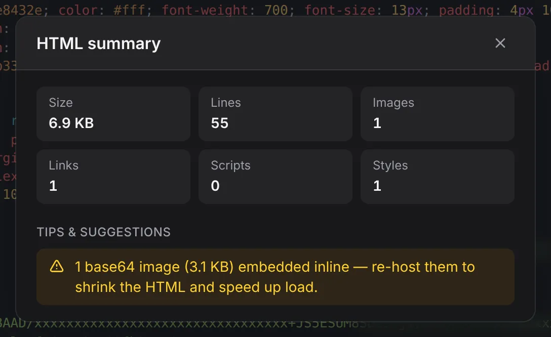 The HTML summary window: size, lines, images, links, scripts and styles, and a tip about one base64 image