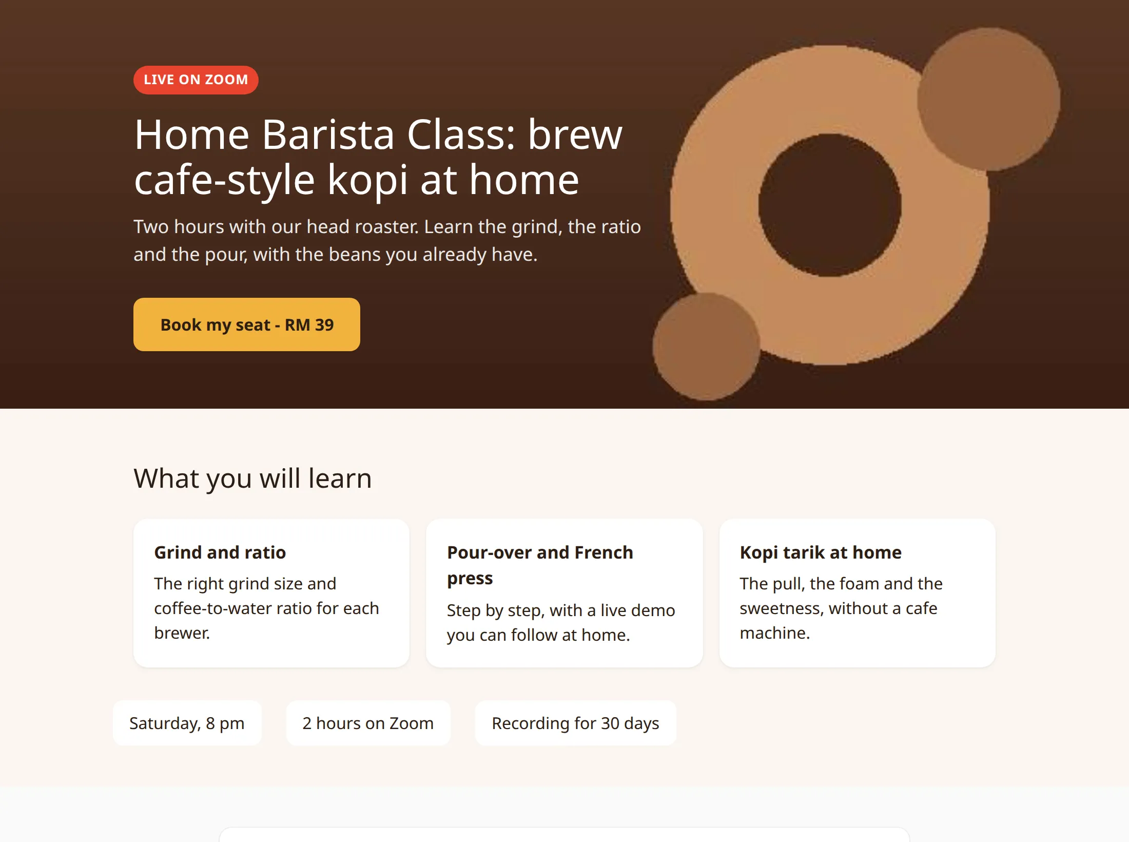 The live form page with the sample design: a dark header with the class title and a Book my seat button, then three cards