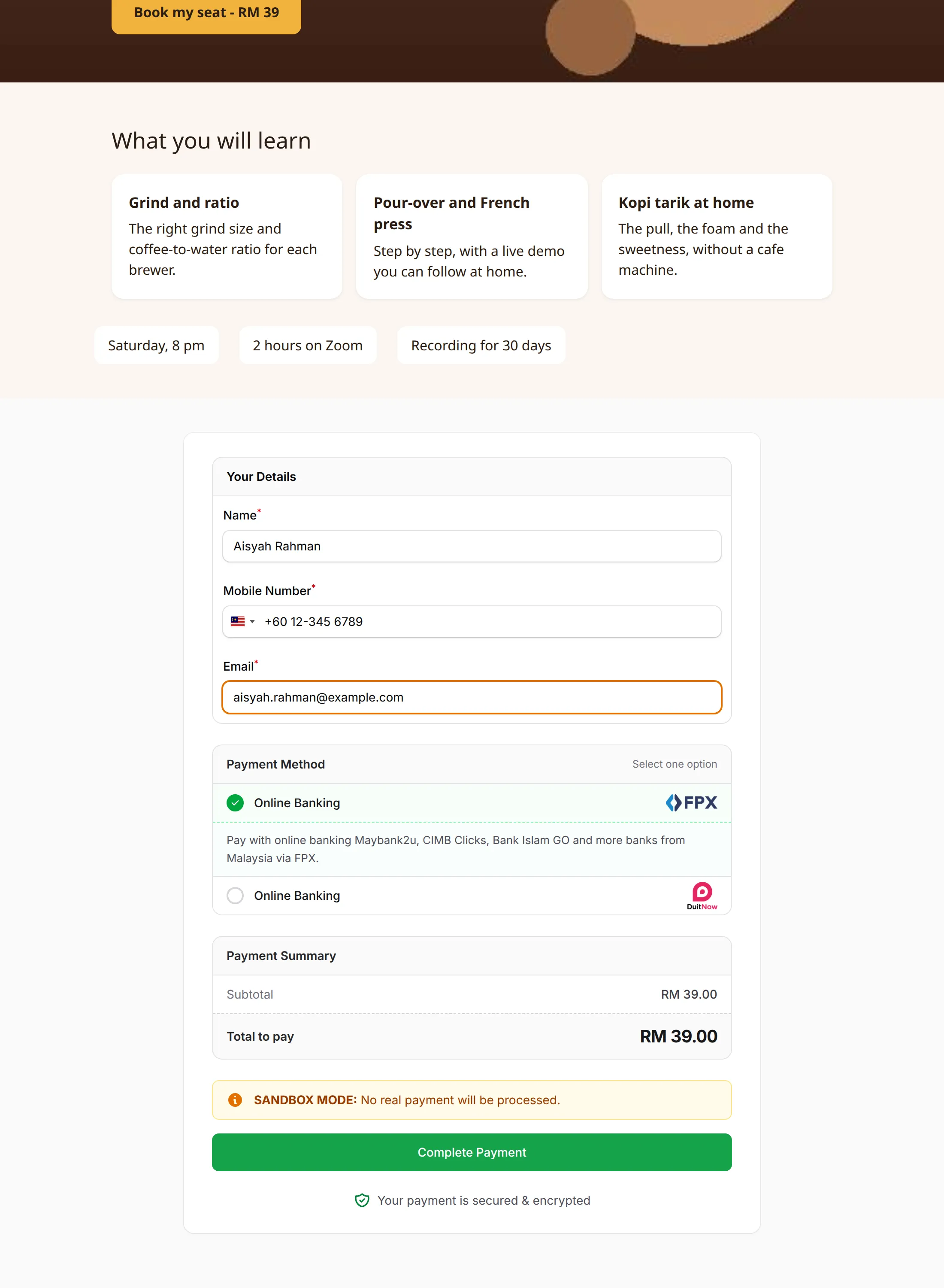 The end of the sample design, with the payment form under it: Your Details, Payment Method, Payment Summary and Complete Payment