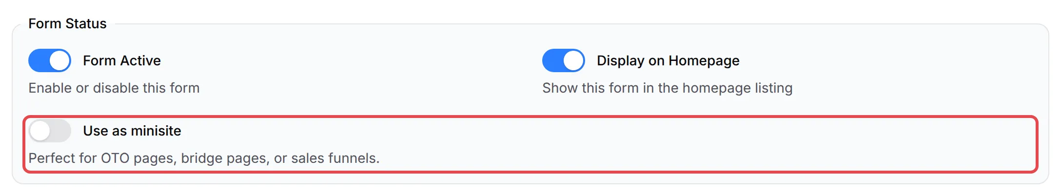 The Form Status box with the Use as minisite switch highlighted