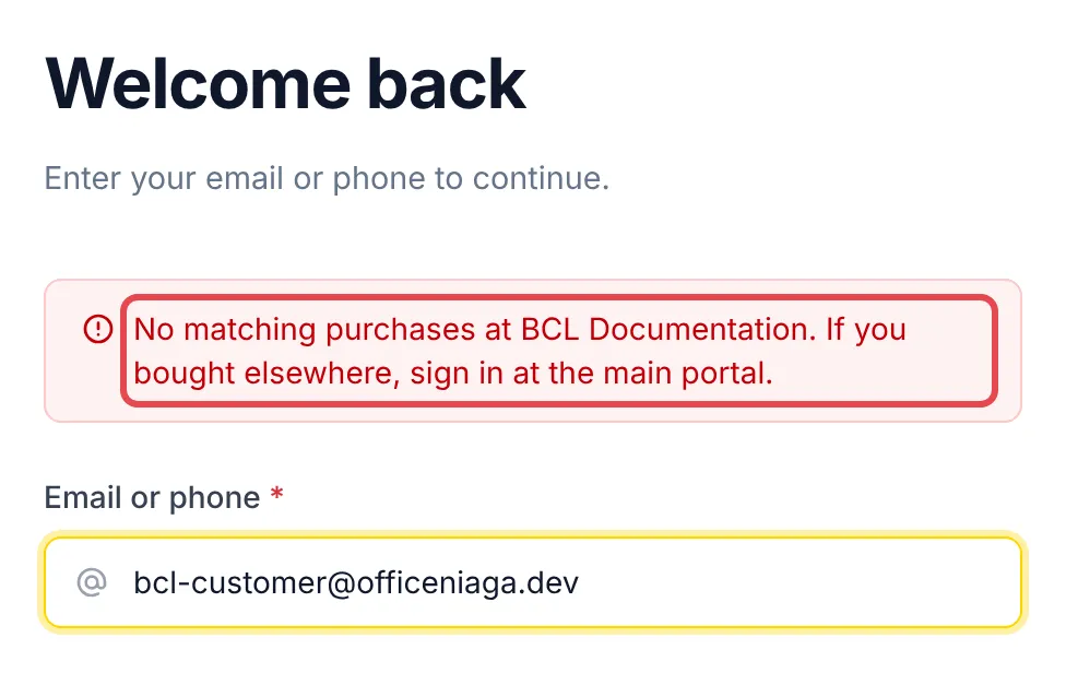 The sign-in page showing No matching purchases at BCL Documentation