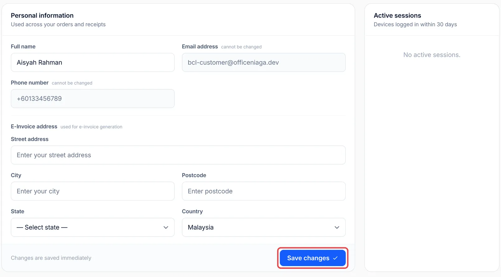 Profile & sessions with Personal information, the E-Invoice address and the Save changes button highlighted