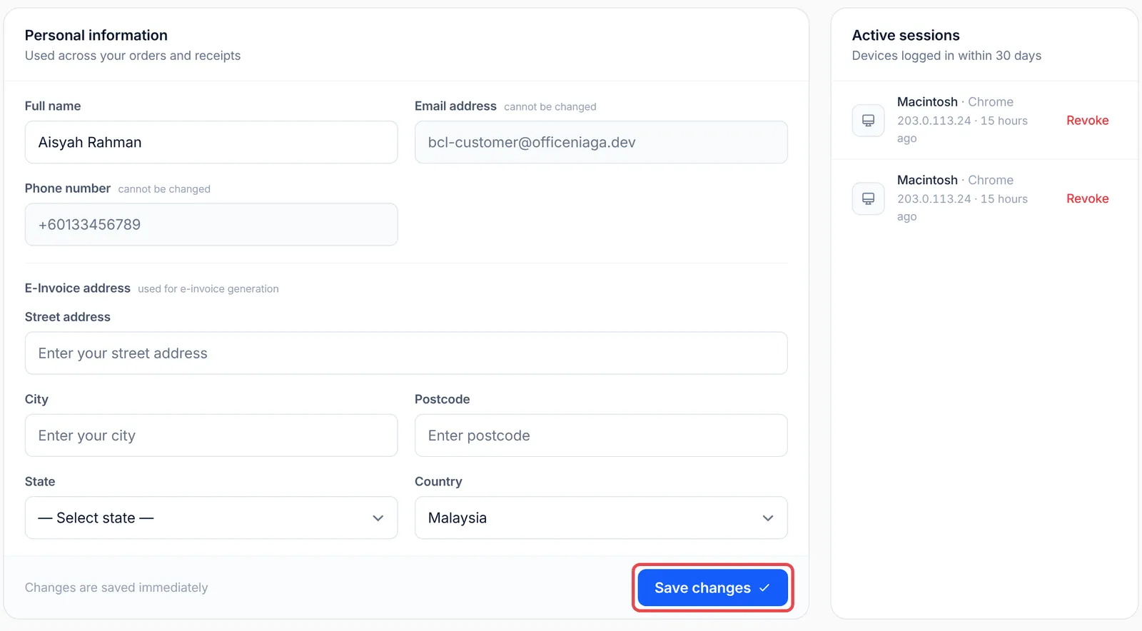 Profile & sessions with Personal information, the E-Invoice address and the Save changes button highlighted