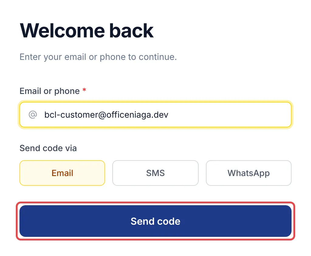 The Customer Portal sign-in page with an email typed in and the Send code button highlighted