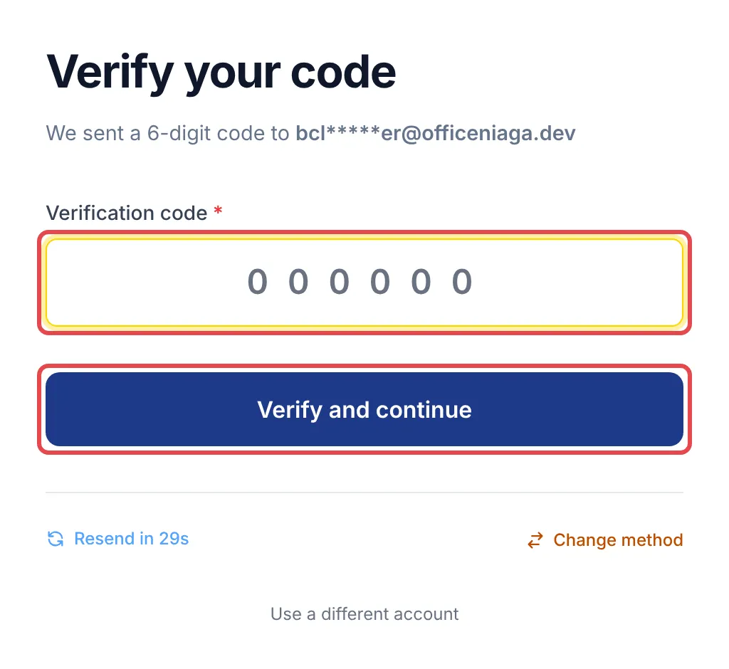 The Verify your code page with the Verification code box and the Verify and continue button highlighted