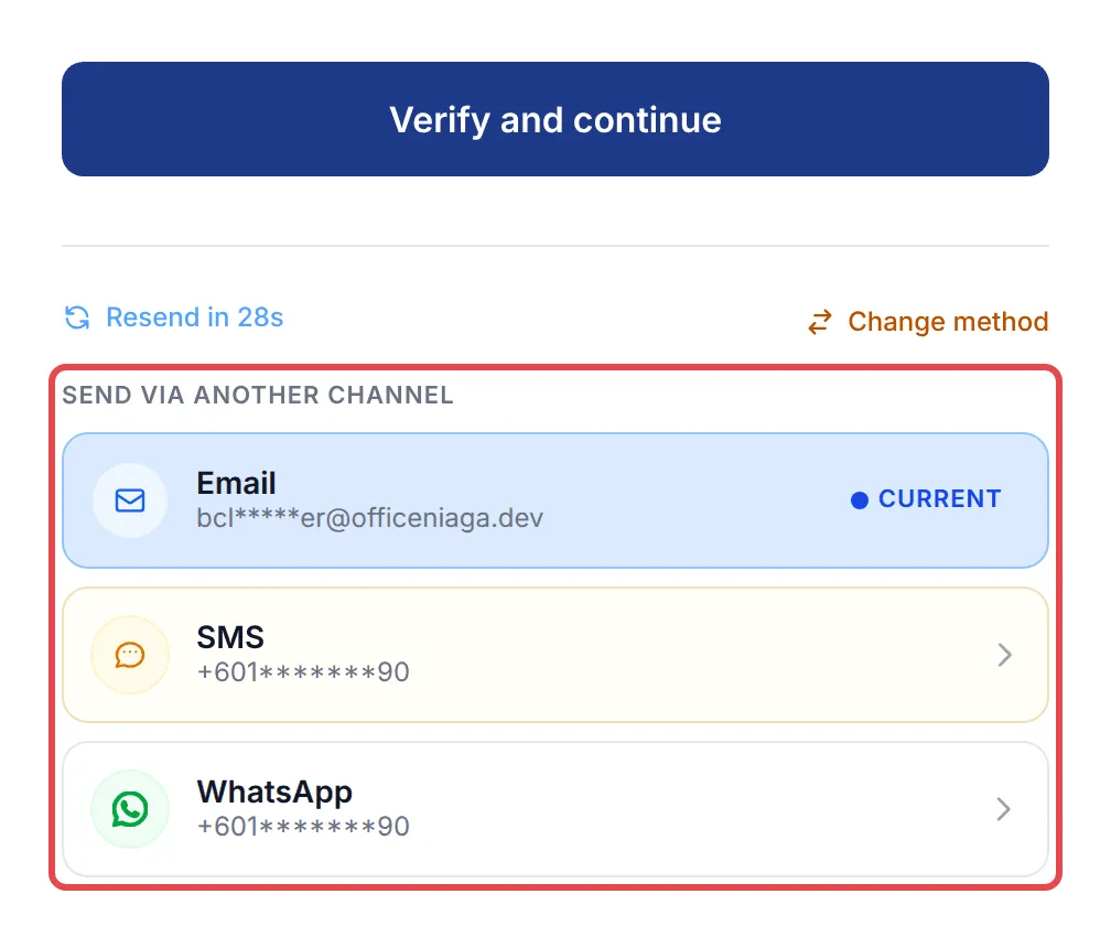 The Send via another channel list with Email, SMS and WhatsApp options
