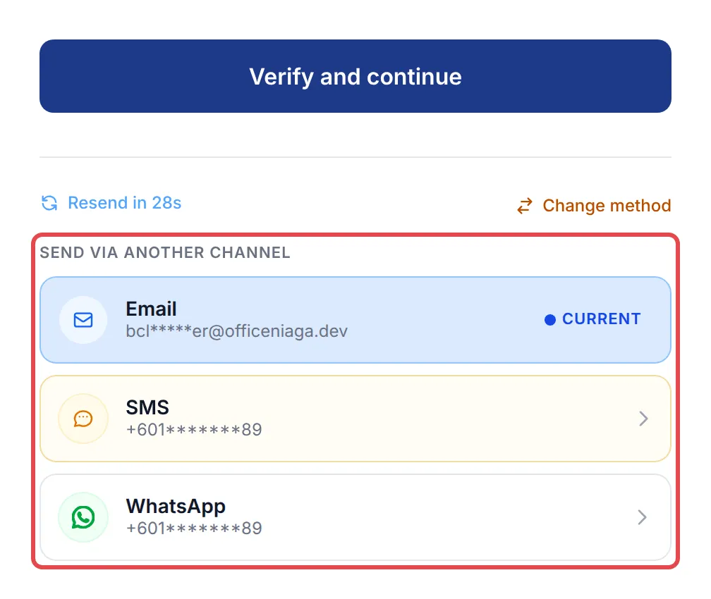 Send via another channel列表，有Email、SMS和WhatsApp选项