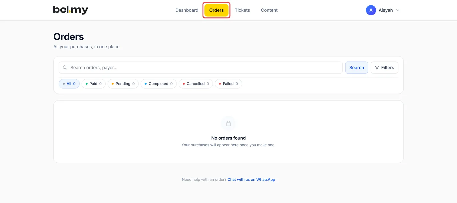 The Orders page with the search box, Filters and the status tabs