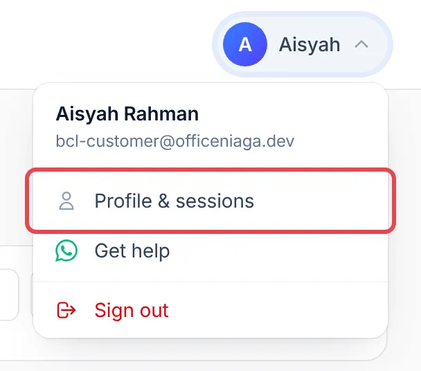 The menu under your name, with Profile & sessions highlighted above Get help and Sign out