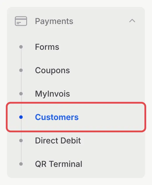 The Payments menu in the BCL sidebar, with Customers highlighted